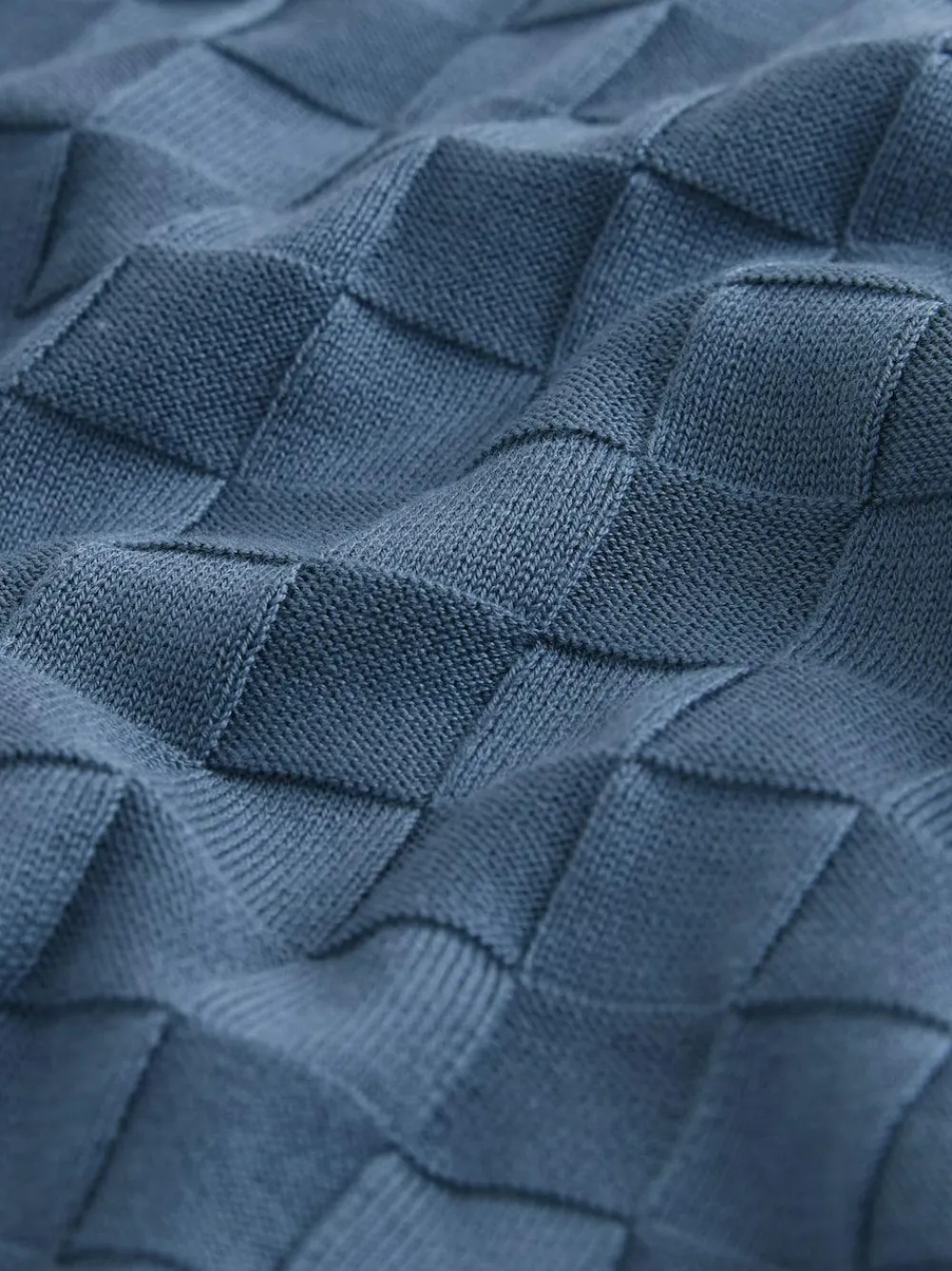 Next N.Premium Regular Fit Checkerboard Knitted Short Sleeve Zip Neck Polo Shirt Denim Blue