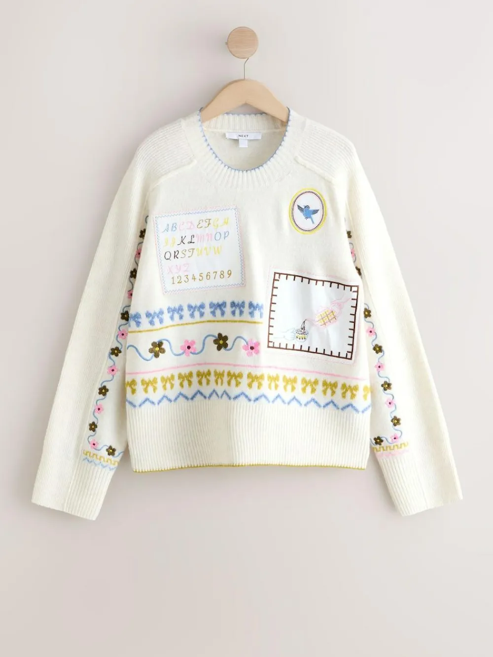 New Next Ecru Embroidered Crew Neck Knitted Jumper with Wool
