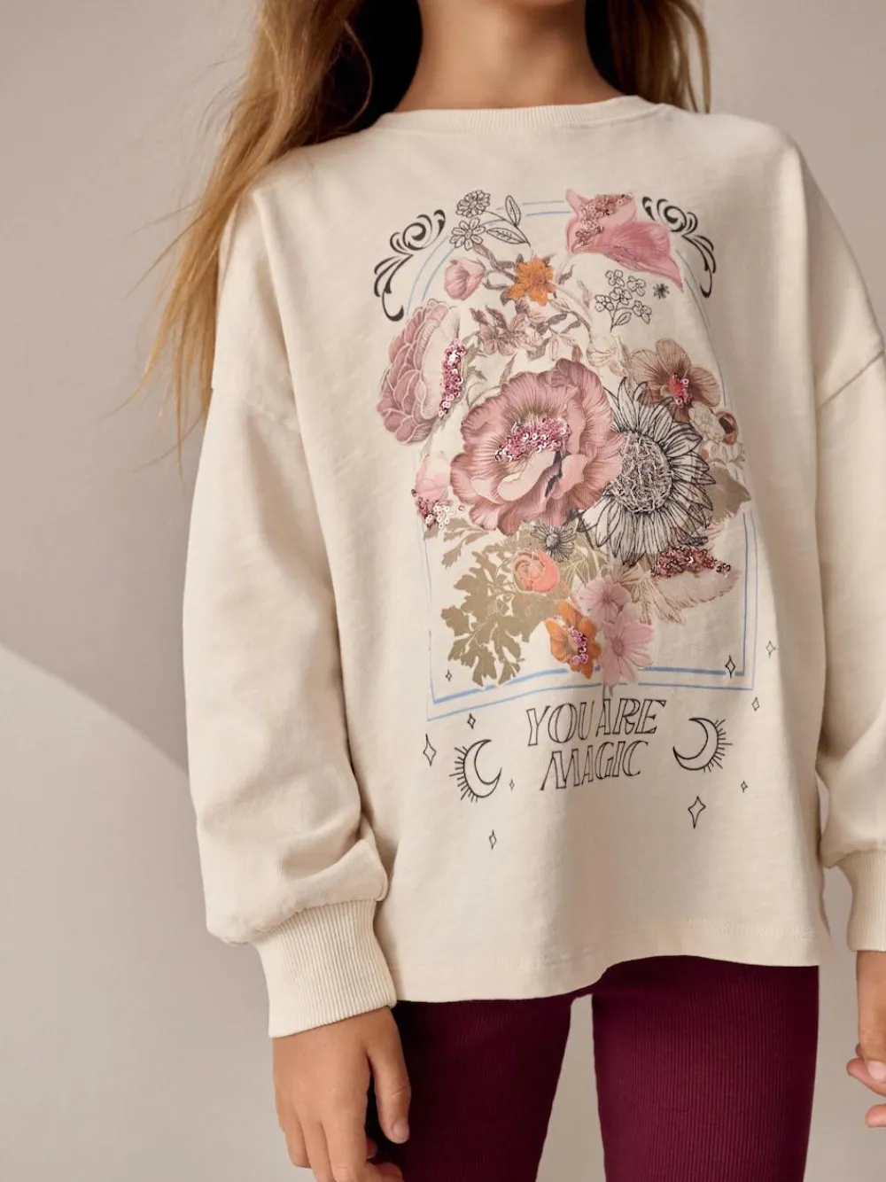 Next Ecru Floral Sequin Long Sleeve Top (3-16yrs)^ Tops|T-Shirts