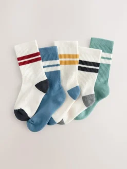 New Next Ecru/Blue/Mineral Cushioned Footbed Cotton Rich Ribbed Tipped Socks 5 Pack