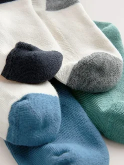 New Next Ecru/Blue/Mineral Cushioned Footbed Cotton Rich Ribbed Tipped Socks 5 Pack