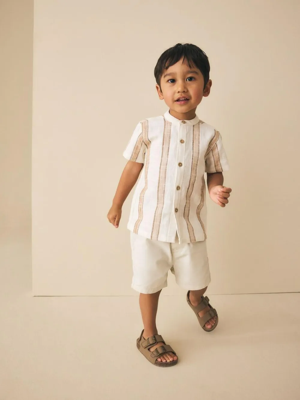Best Next Ecru/Brown Short Sleeve Grandad Collar Textured Stripe Shirt (3mths-7yrs)