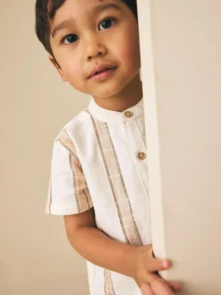 Best Next Ecru/Brown Short Sleeve Grandad Collar Textured Stripe Shirt (3mths-7yrs)