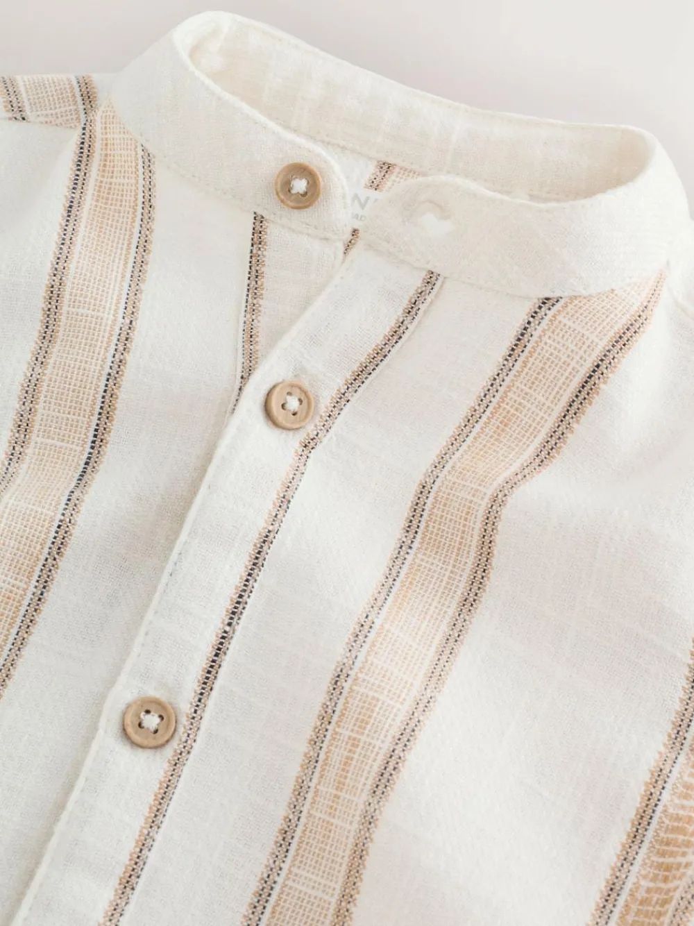 Best Next Ecru/Brown Short Sleeve Grandad Collar Textured Stripe Shirt (3mths-7yrs)