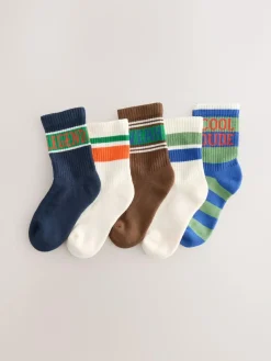 Outlet Next Cushioned Footbed Cotton Rich Ribbed Socks 5 Pack Ecru/Brown Slogan Stripe