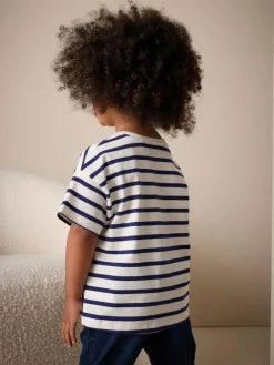 Outlet Next Short Sleeve Embroidered T-Shirt (3mths-7yrs) Ecru/Navy Stripe Cherry