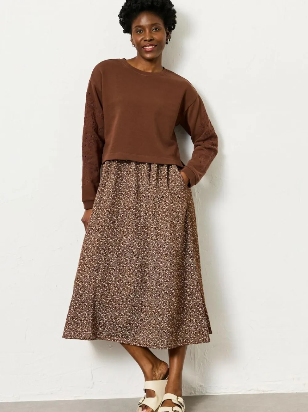Outlet Fat Face FatFace Brown Ditsy Noa 2in1 Midi Dress