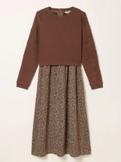 Fat Face FatFace Brown Ditsy Petite Noa 2in1 Midi Dress^Women Midi Dresses|Dresses