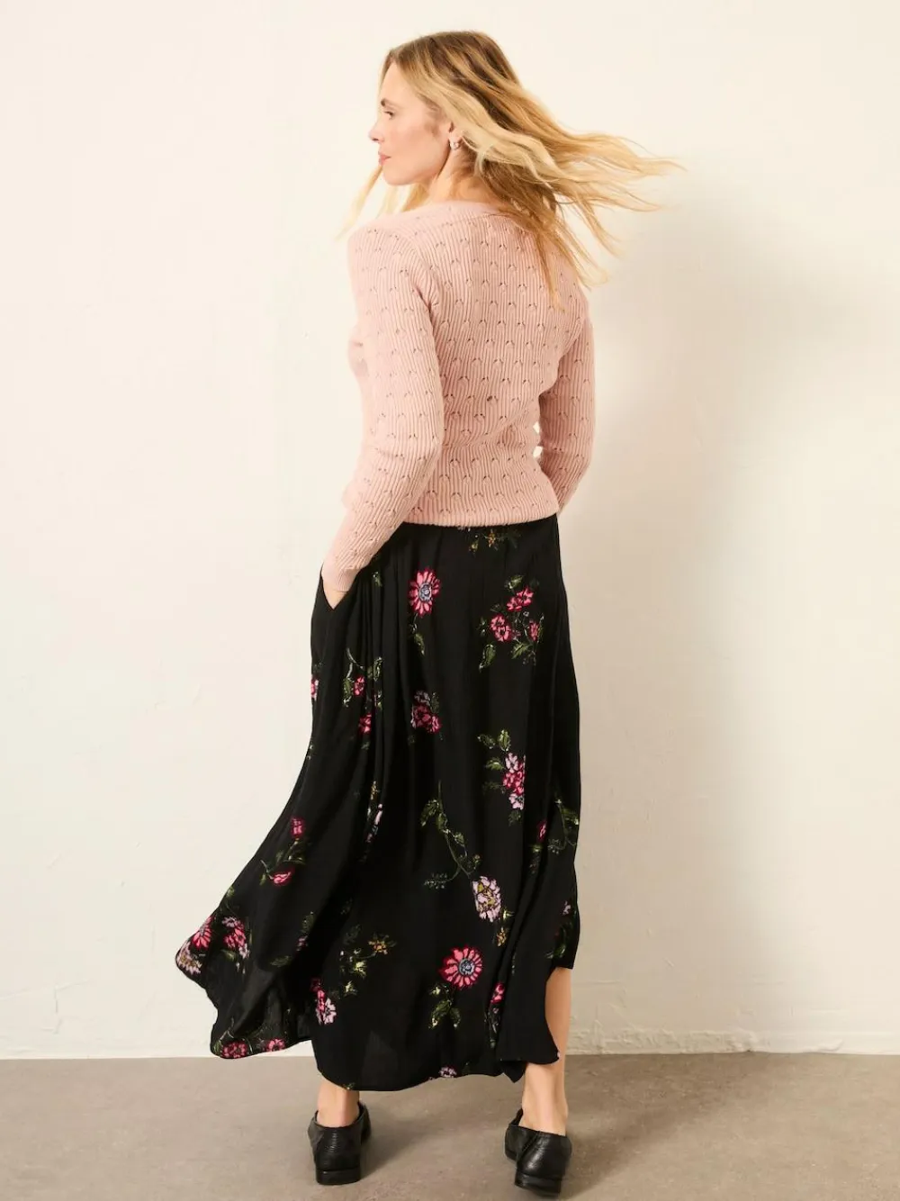 New Fat Face FatFace Willow Midi Skirt Black Spring Floral