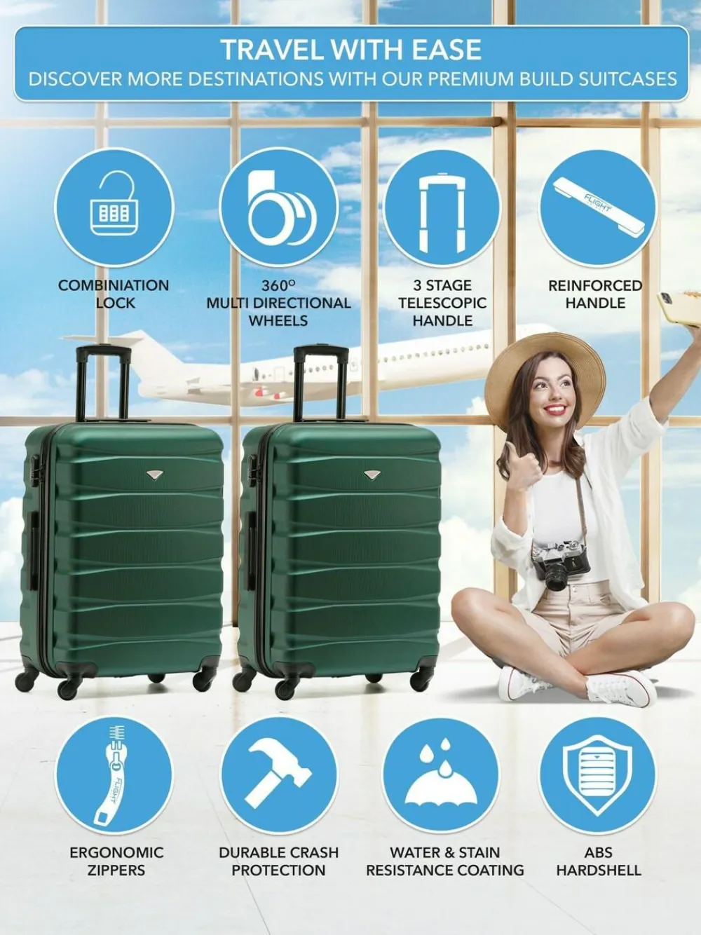 CABIN PRO Flight Knight Medium Green Check In Hold Luggage Hardcase Travel Suitcases Set Of 2