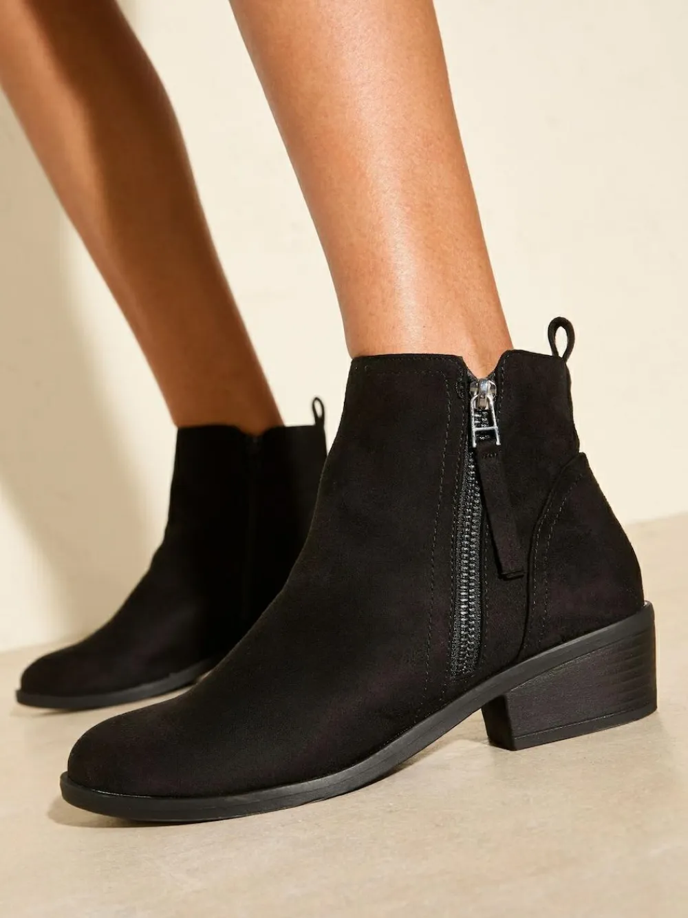 Friends Like These Wide Fit Mid Block Heel Side Zip Faux Suede Cuban Boots Black