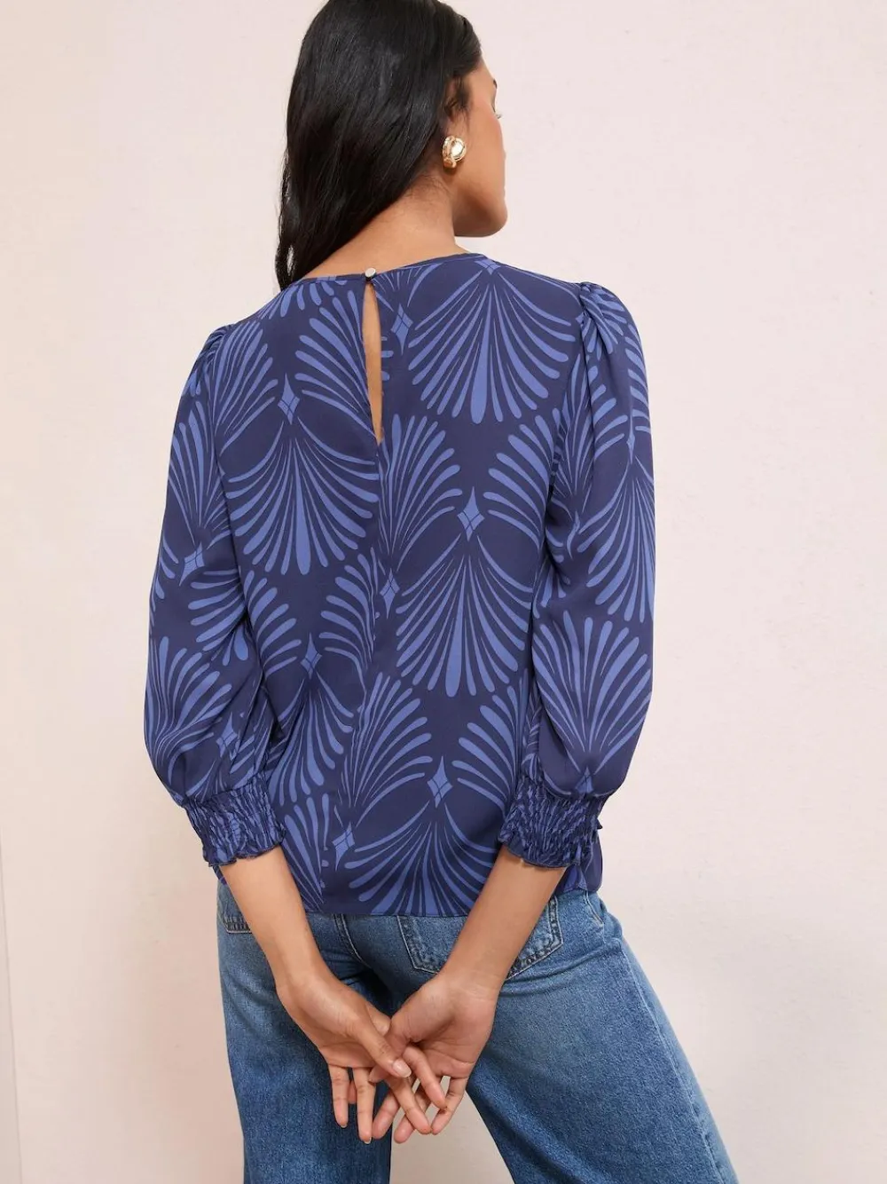 Best Friends Like These 3/4 Sleeve Shirred Cuff Blouse Blue Fan Print