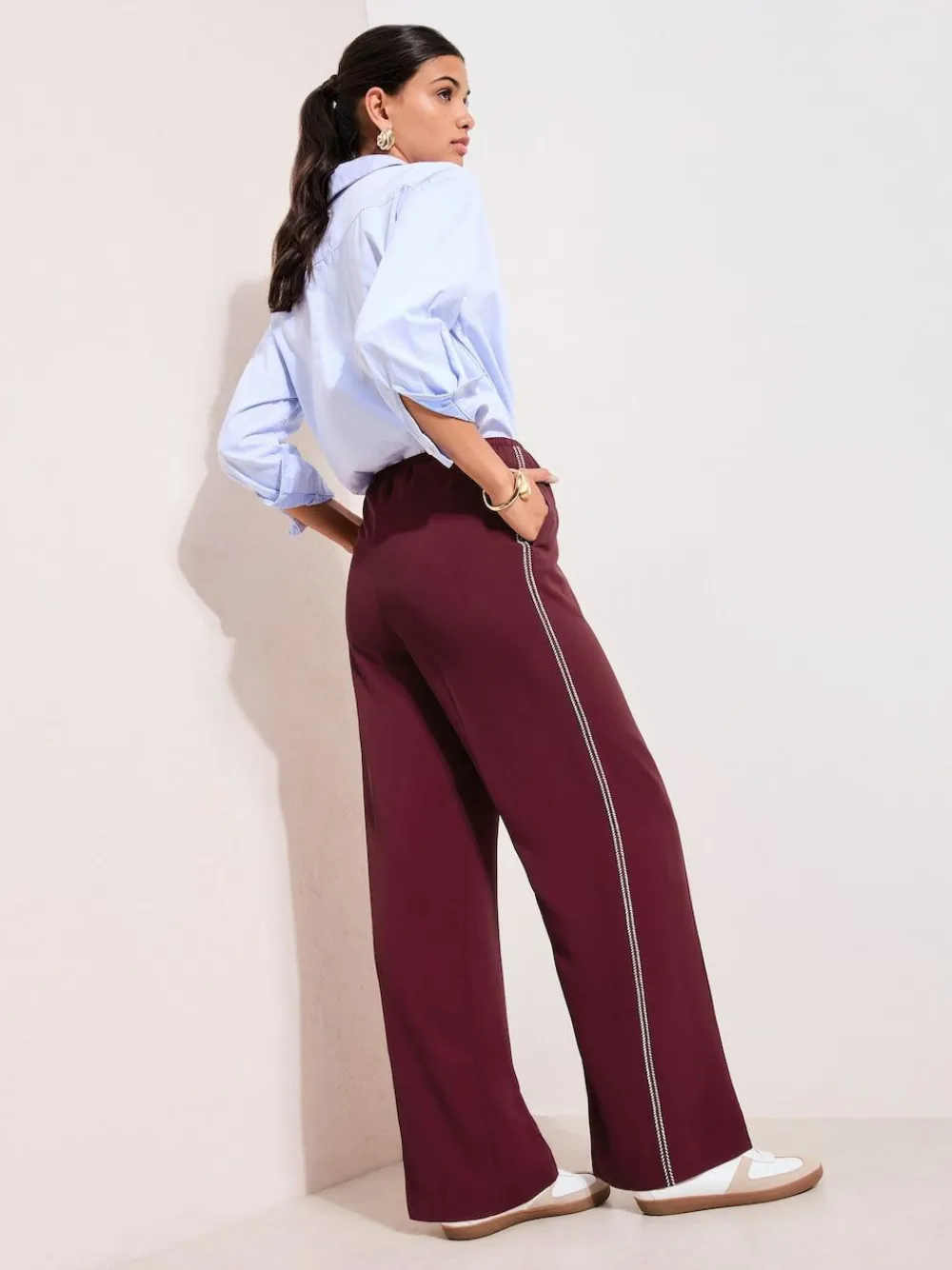 Online Friends Like These Petite Crochet Trim Wide Leg Trousers Burgundy Red