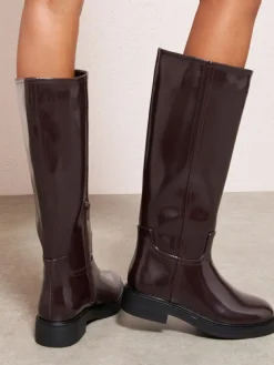 Sale Friends Like These Wide Fit Faux Leather Casual Flat Pull On Knee High Long Riding Boots Burgundy Red