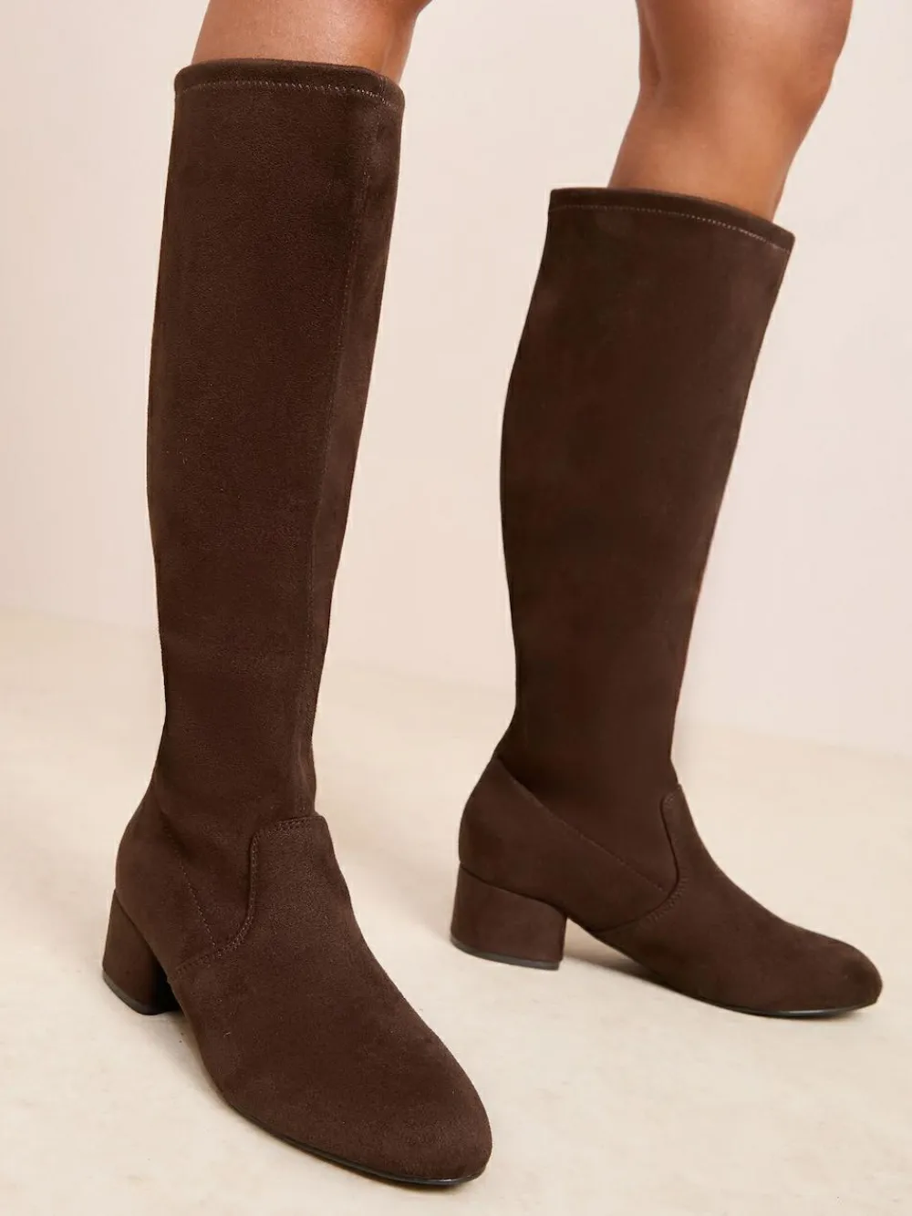 Friends Like These Standard fit Low Block Heel Faux Suede Knee High Sock Boots^Women Boots & Wellies|Boots