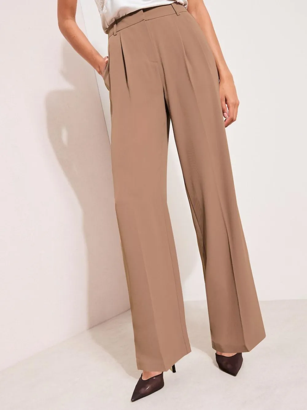 Clearance Friends Like These Neutral Latte Premium Elastic Back Tailored Wide Leg Trousers