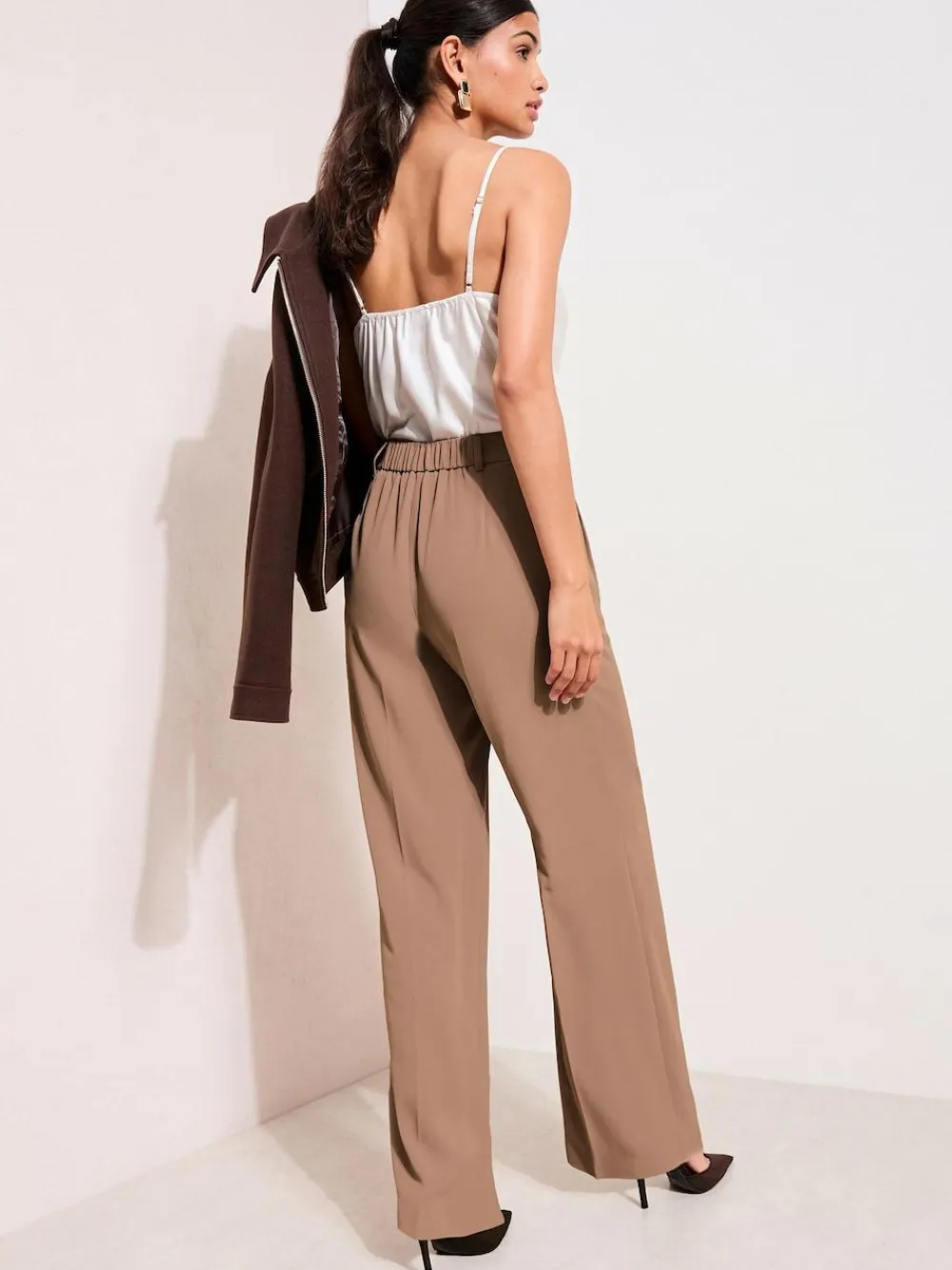 Clearance Friends Like These Neutral Latte Premium Elastic Back Tailored Wide Leg Trousers