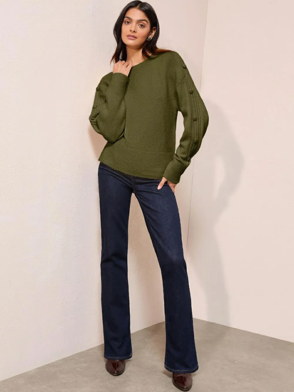 New Friends Like These Button Sleeve Detail Jumper Olive Green