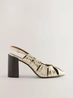 Next Gold Forever Comfort® Leather Slot Slingback Block Heels^Women Heels