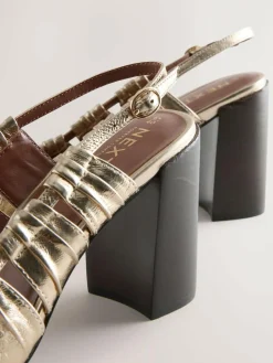 Next Gold Forever Comfort® Leather Slot Slingback Block Heels^Women Heels