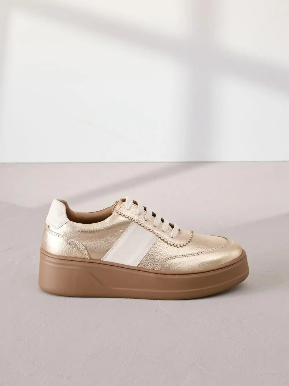Next Lace Up Signature Premium Leather Chunky Wedge Lace-Up Trainers Gold