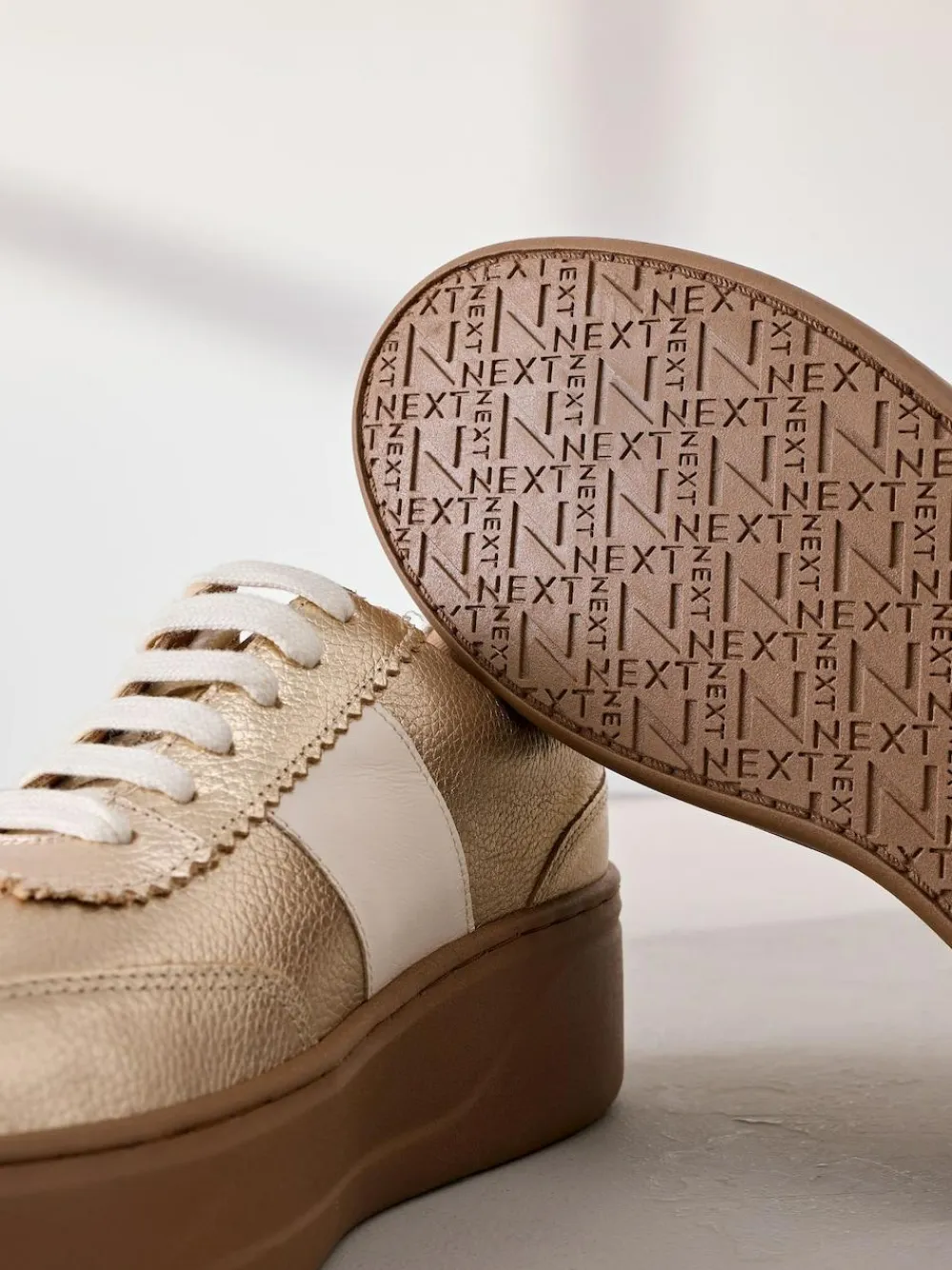 Next Lace Up Signature Premium Leather Chunky Wedge Lace-Up Trainers Gold