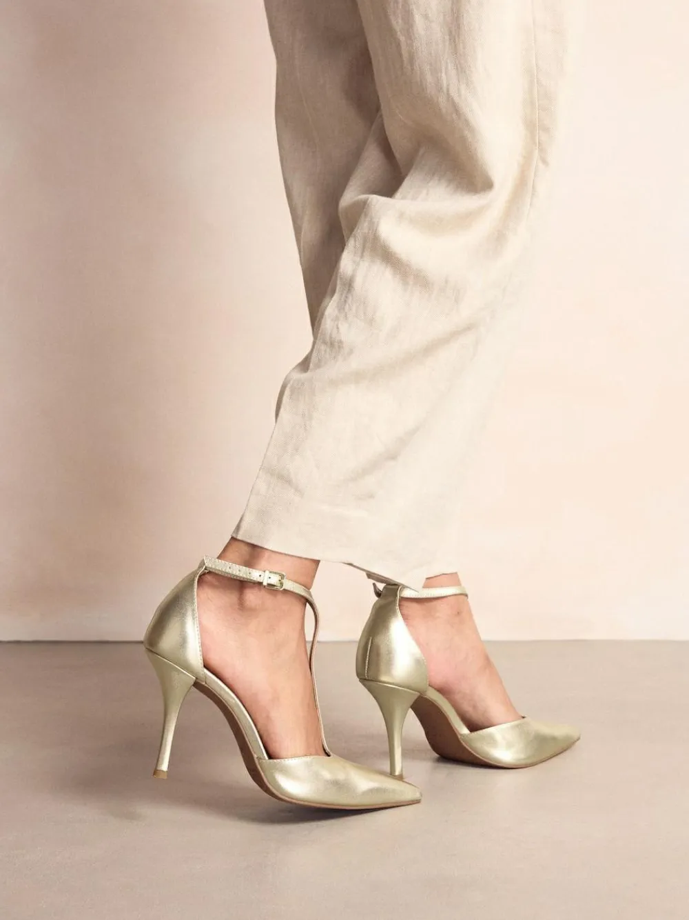 Outlet Next Leather T-Bar Pointed Toe Heels Gold