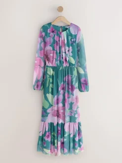 Next Green Floral Long Sleeve Mesh Maxi Dress^Women Occasion Dresses|Maxi Dresses