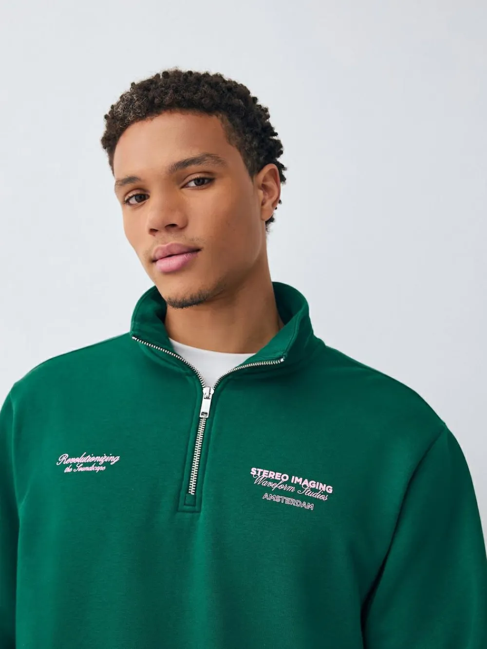 Online Next Simple Text Graphic Print Quarter Zip Neck Sweatshirt Green