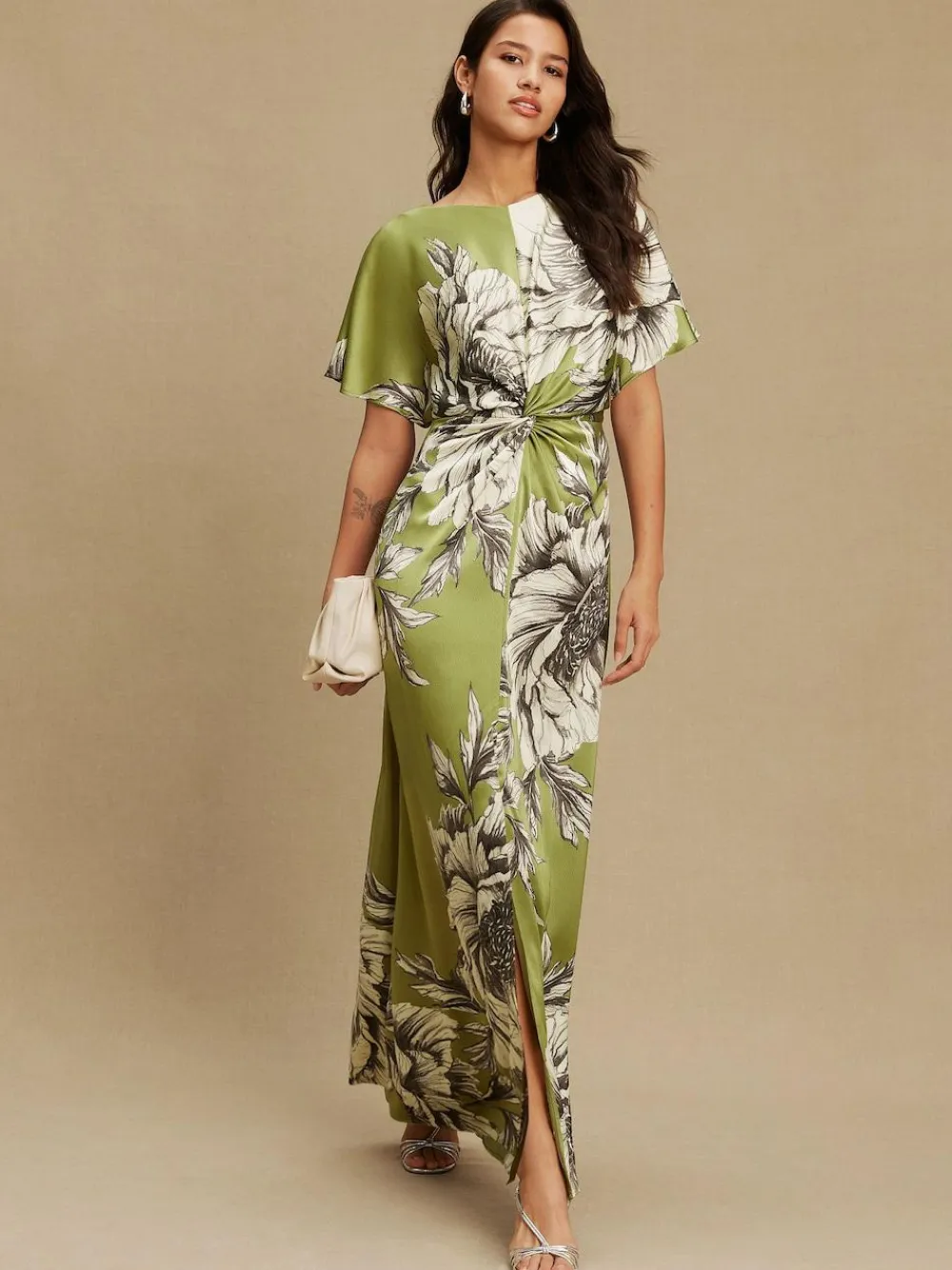 Next Textured Satin Short Sleeve Twist Front Midi Dress^Women Occasion Dresses|Midi Dresses