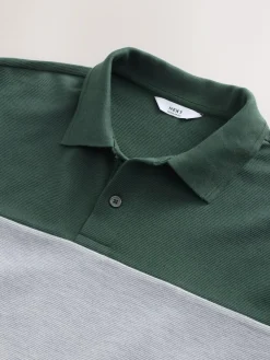 Clearance Next 100% Cotton Short Sleeve Button Up Block Polo Shirt Green/Grey