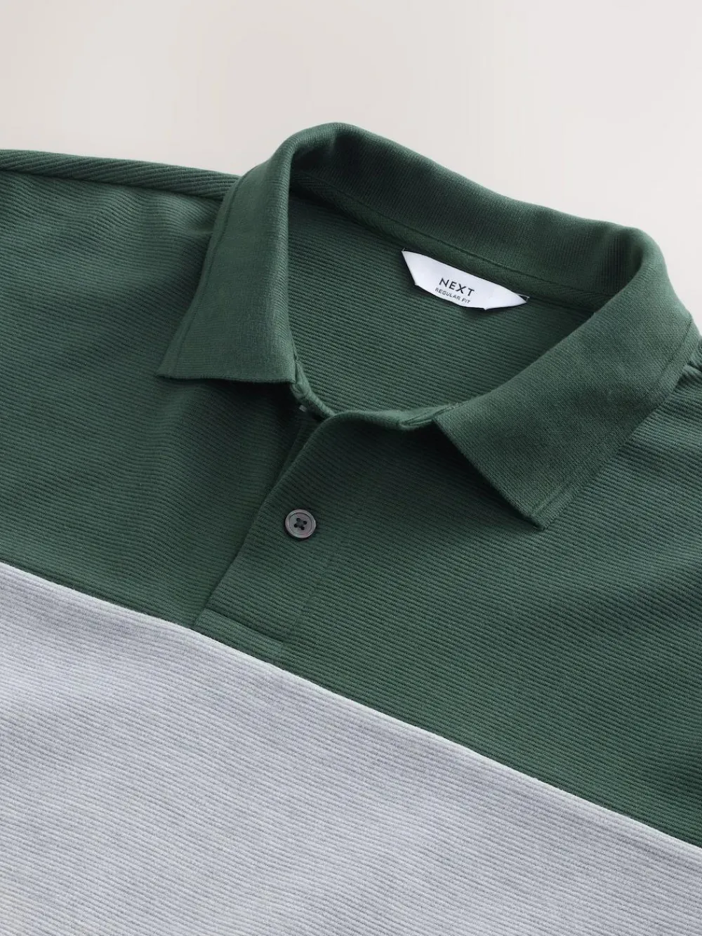 Clearance Next 100% Cotton Short Sleeve Button Up Block Polo Shirt Green/Grey