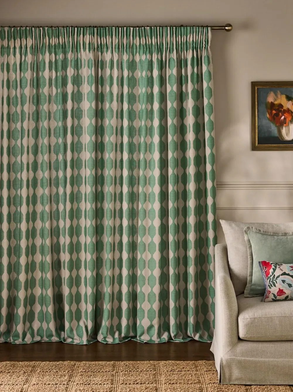 New Next Green/Natural Wiggle Print Touch of Linen Pencil Pleat Lined Curtains