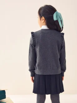 Next Grey Cotton Rich Frill Shoulder School Cardigan (3-16yrs)^ Knitwear|Knitwear