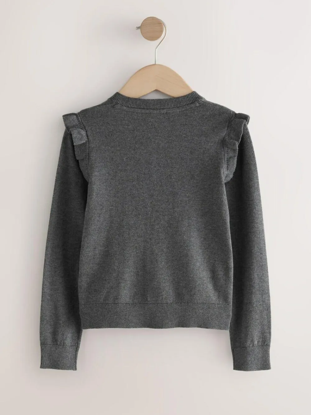 Next Grey Cotton Rich Frill Shoulder School Cardigan (3-16yrs)^ Knitwear|Knitwear