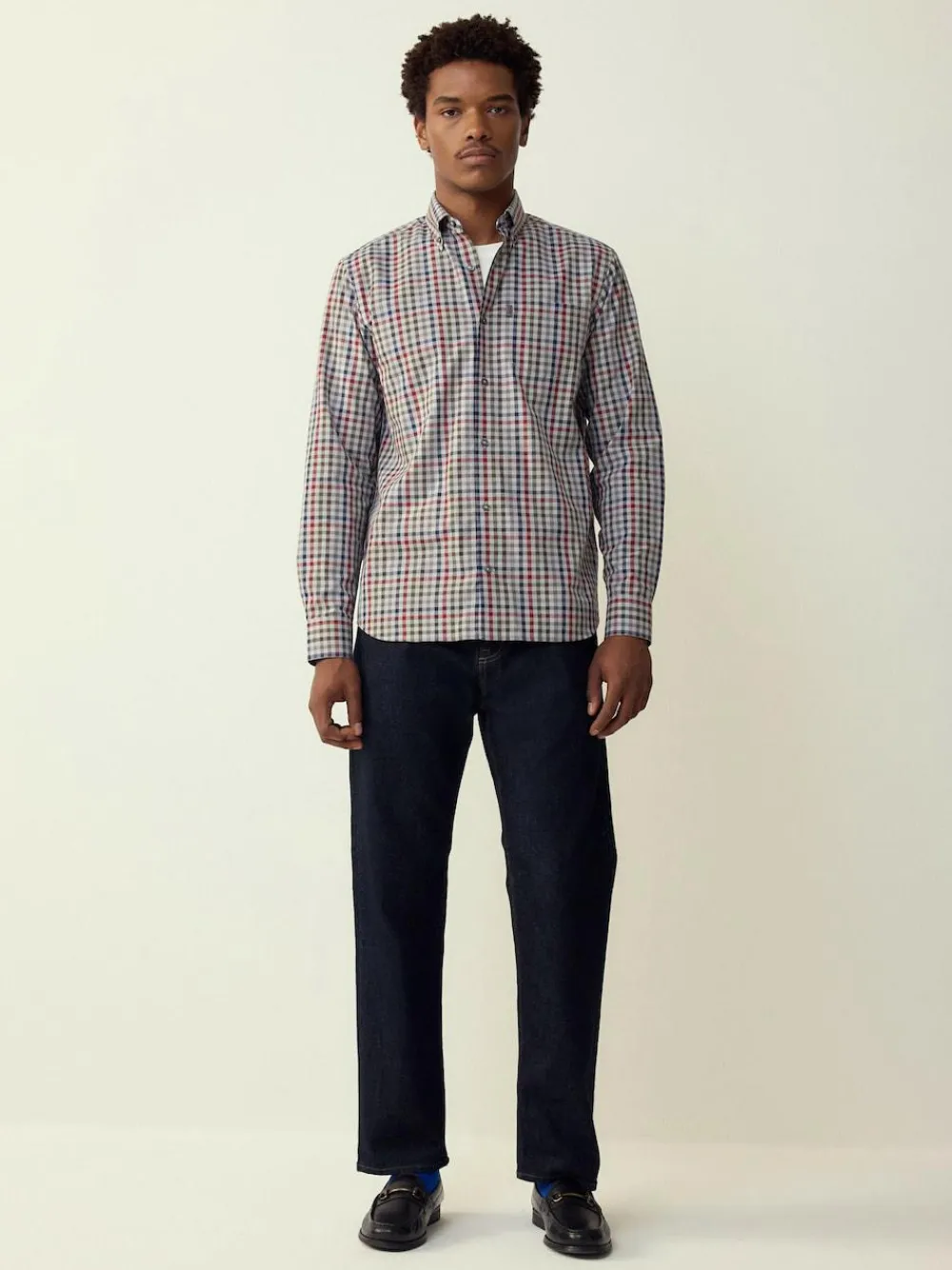 Best Next Grey/ Multi Colour Gingham Regular Fit Easy Iron Button Down Oxford Shirt