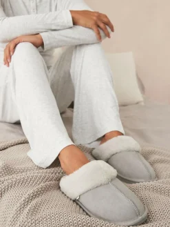 Next Grey Suede Faux Fur Mule Slippers^Women Slippers|All Night & Lounge