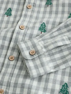 Next Grey/Ecru Long Sleeve All Over Embroidery Gingham Check Christmas Shirt (3mths-7yrs)^BOY Suits & Vest