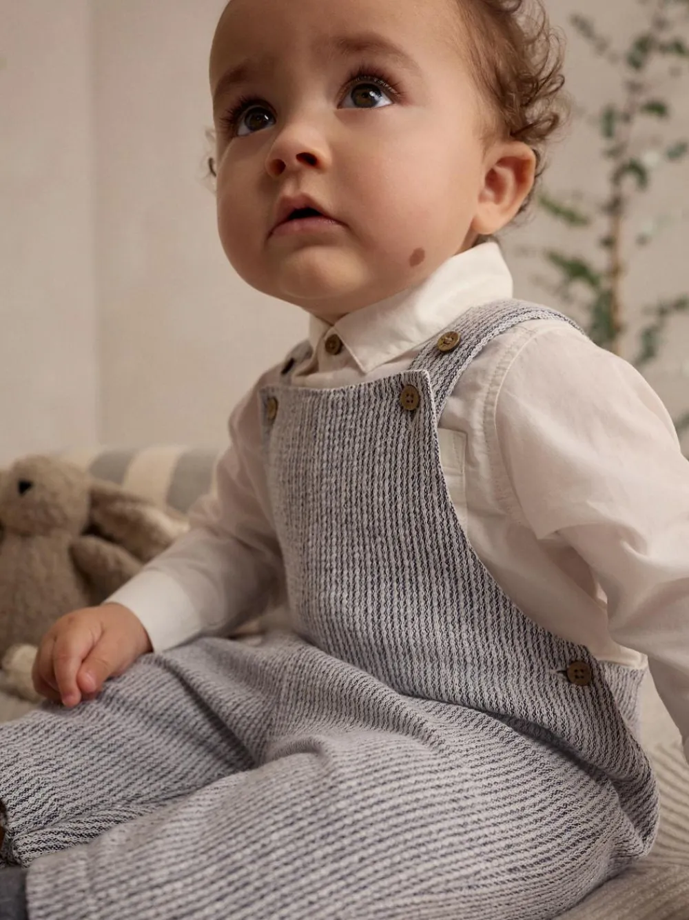 Discount Next Woven Cotton Baby Dungaree and Bodysuit Set (0mths-3yrs) Grey/White