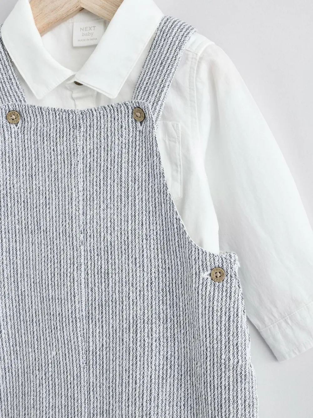 Discount Next Woven Cotton Baby Dungaree and Bodysuit Set (0mths-3yrs) Grey/White