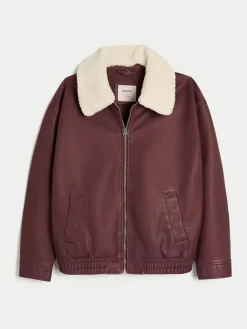 Sale Hollister Faux Leather Bomber Jacket With Removable Collar Red