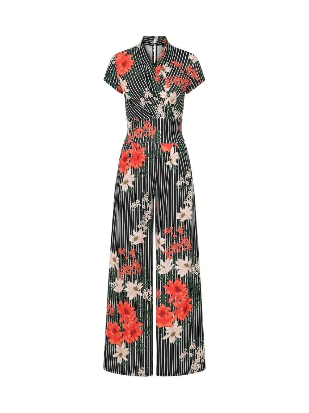 Clearance Hot Squash HotSquash Black Pin Striped Floral Wide Leg Jumpsuit