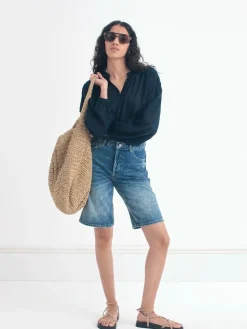 Hush Blue Boyfriend Long Denim 100% Cotton Shorts^Women Shorts