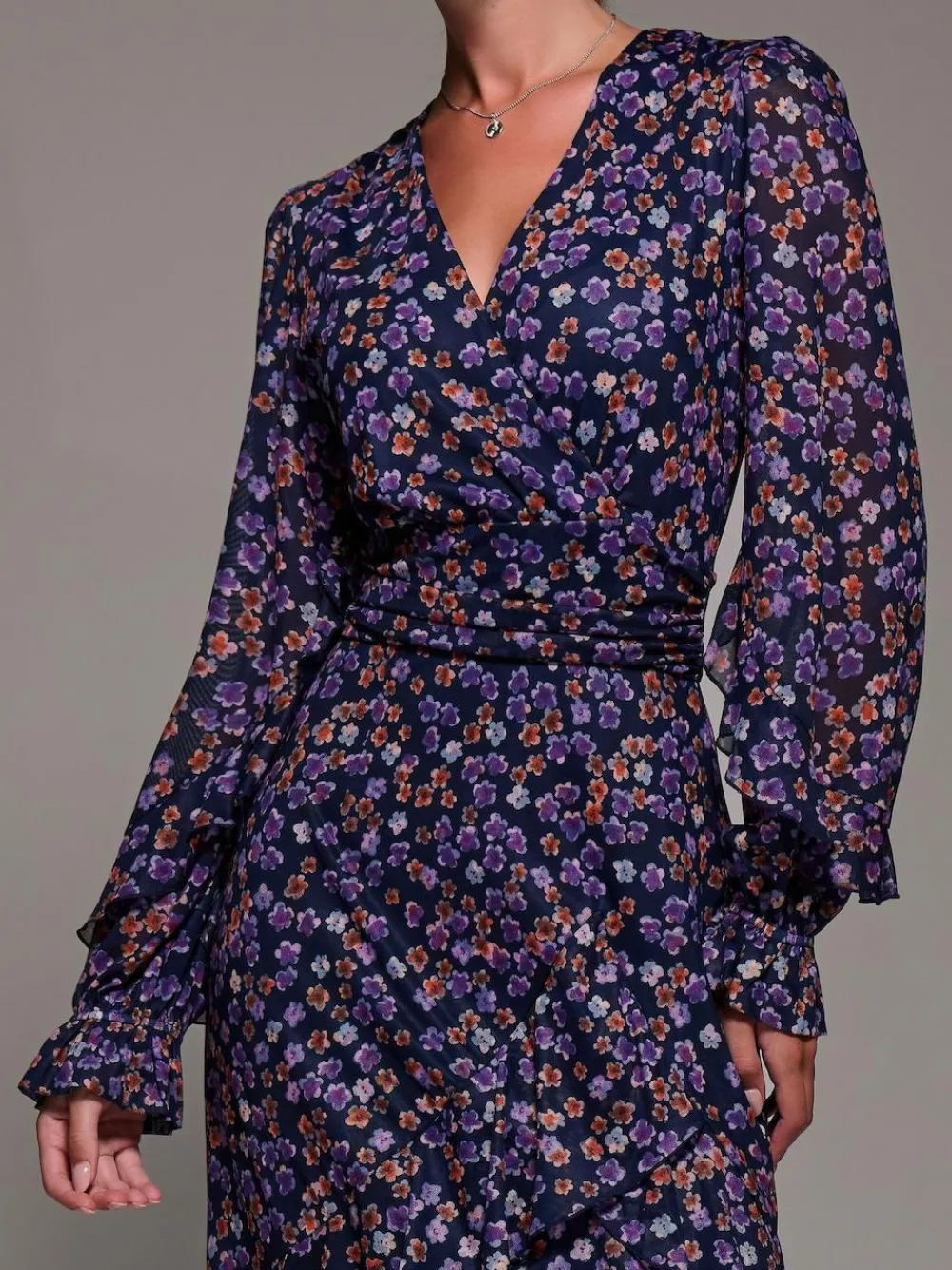 Jolie Moi Long Sleeve Frill Detail Mesh Maxi Dress^Women Occasionwear|Occasion Dresses