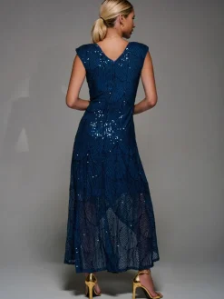 Outlet Jolie Moi Blue Sequin Asymmetric Ruffle Hem Maxi Dress