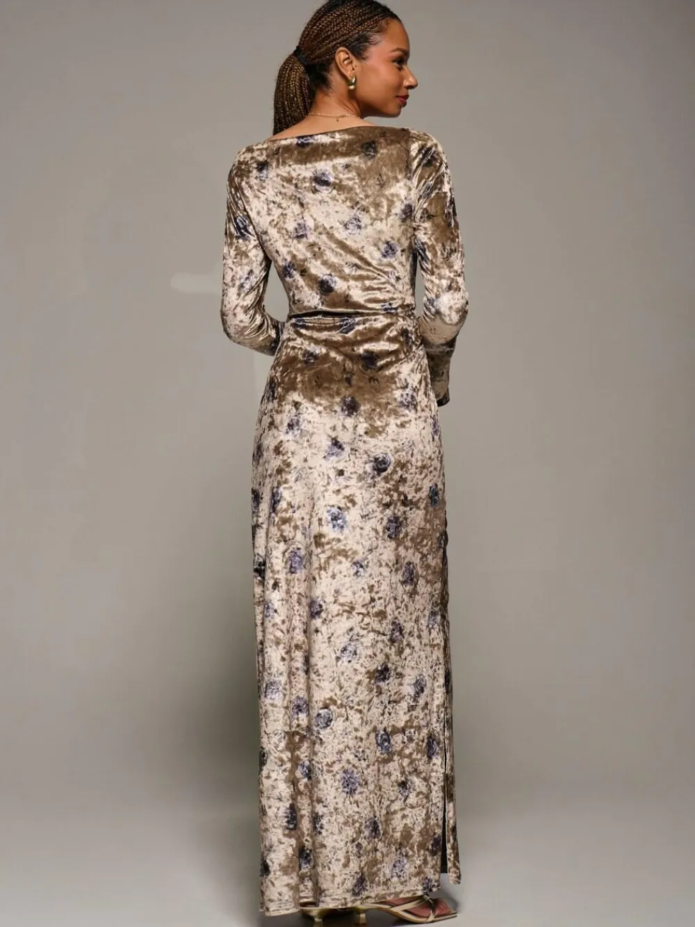 Best Jolie Moi Gold Ruffle Sleeve Asymmetric Neck Velvet Maxi Dress