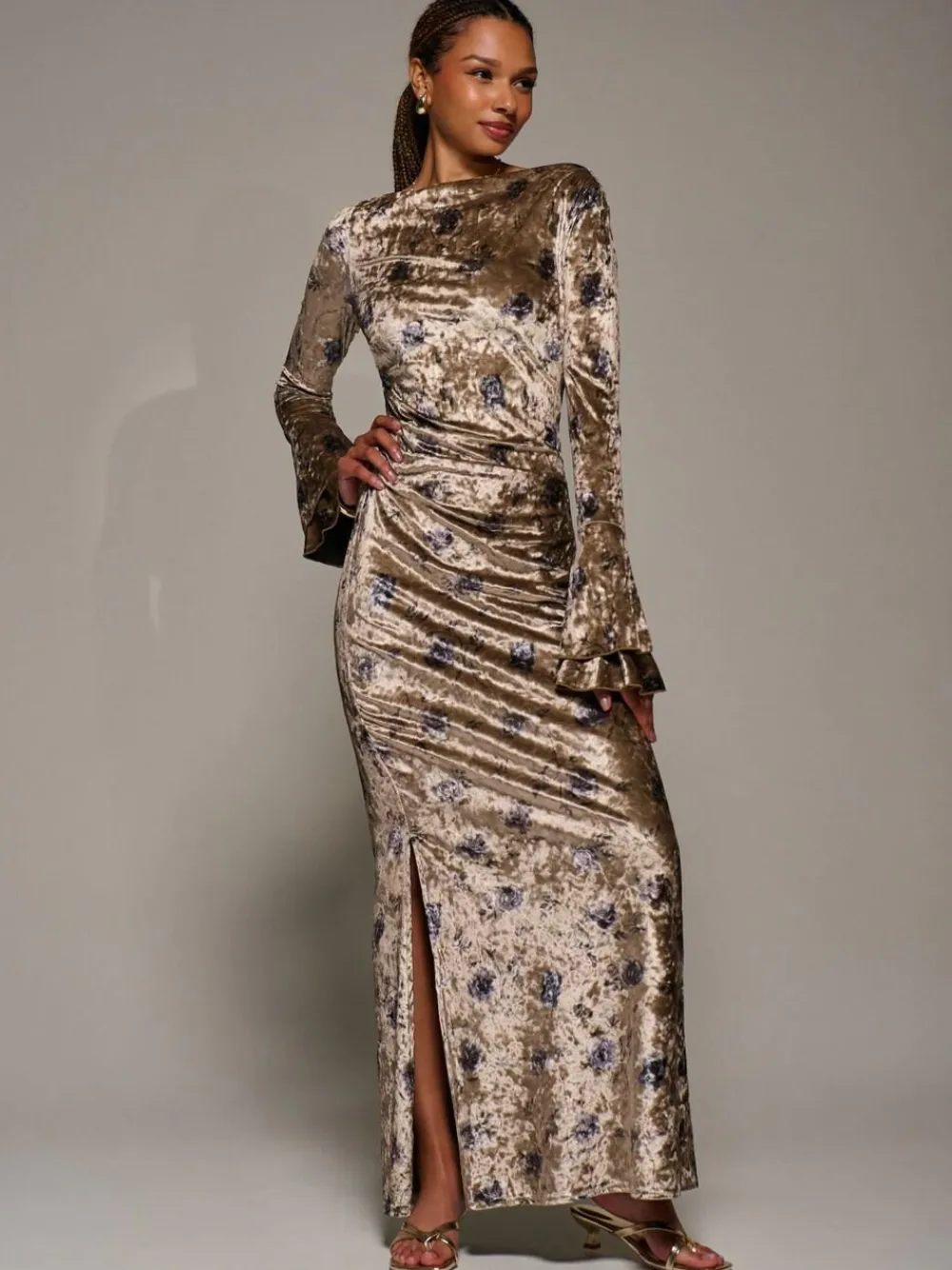Best Jolie Moi Gold Ruffle Sleeve Asymmetric Neck Velvet Maxi Dress