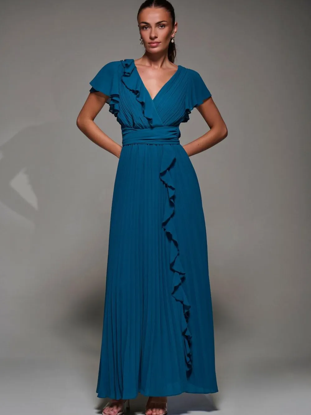 Clearance Jolie Moi Pleated Frill Detail Chiffon Maxi Dress Green