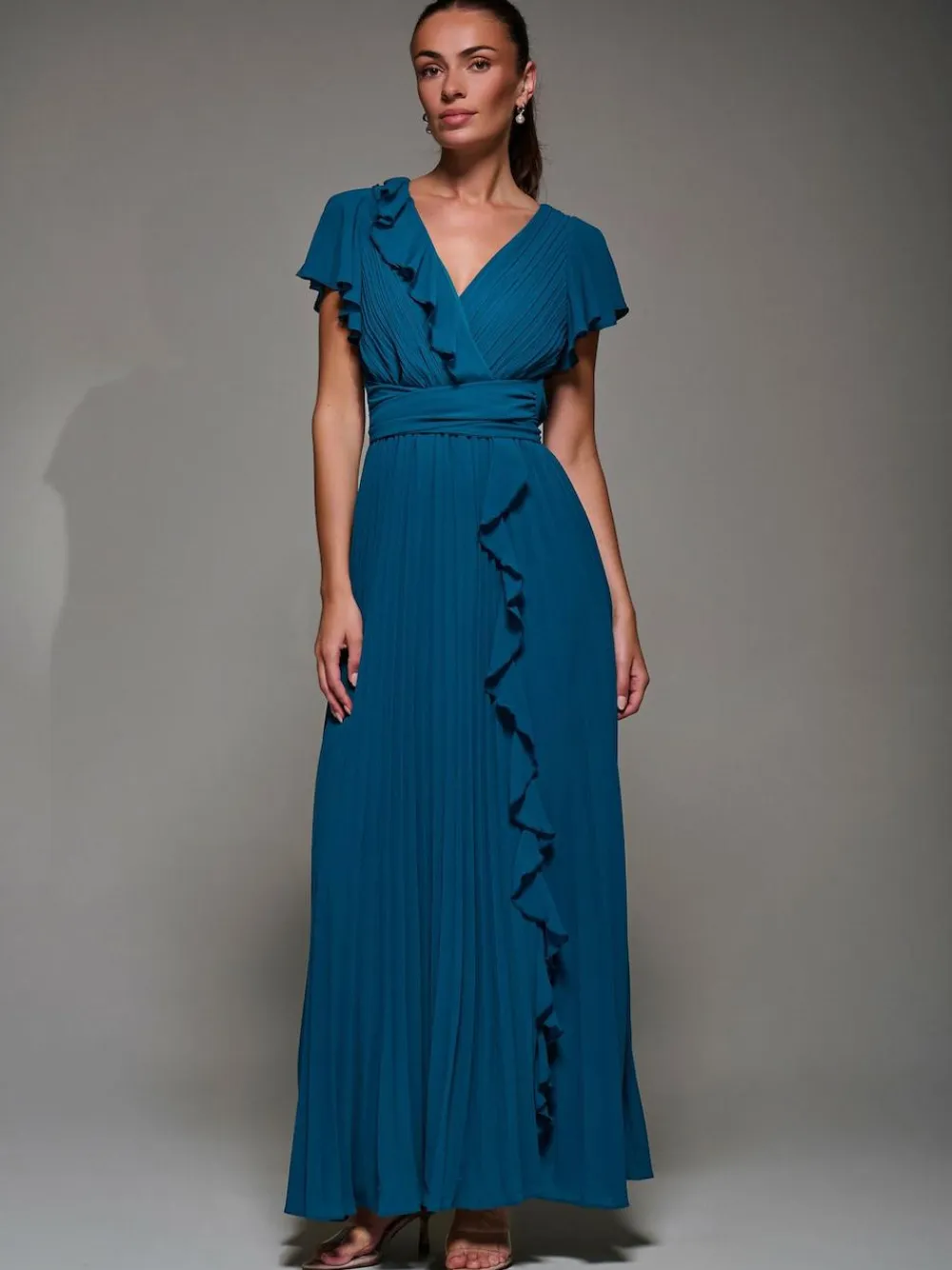 Clearance Jolie Moi Pleated Frill Detail Chiffon Maxi Dress Green