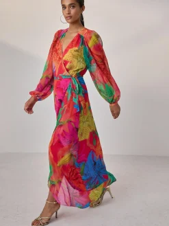 Next Kew Collection Bright Floral Occasion Long Sleeve Wrap Midi Dress^Women Occasion Dresses|Maxi Dresses